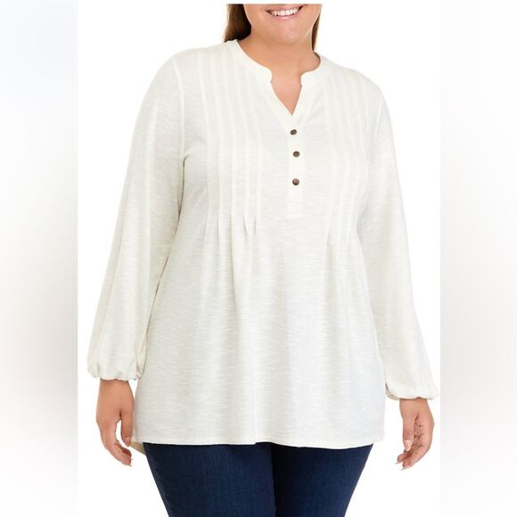 Wonderly Tops - Wonderly Plus Size Long Blouson Sleeve Tunic Henley Shirt
